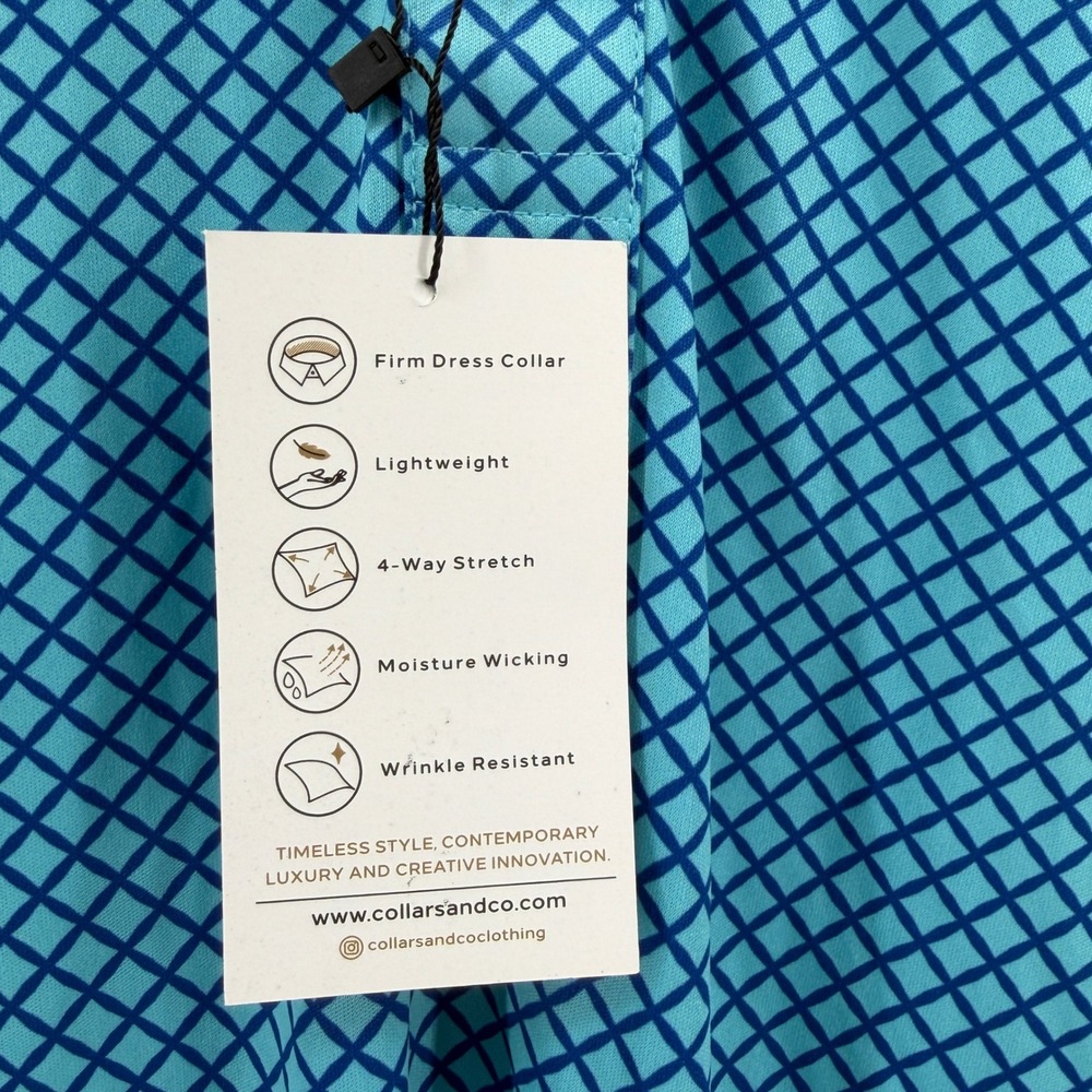 $88 NEW Collars & Co Mens L Dress Collar Polo Performance Blue Geometric Stretch - Picture 2 of 8